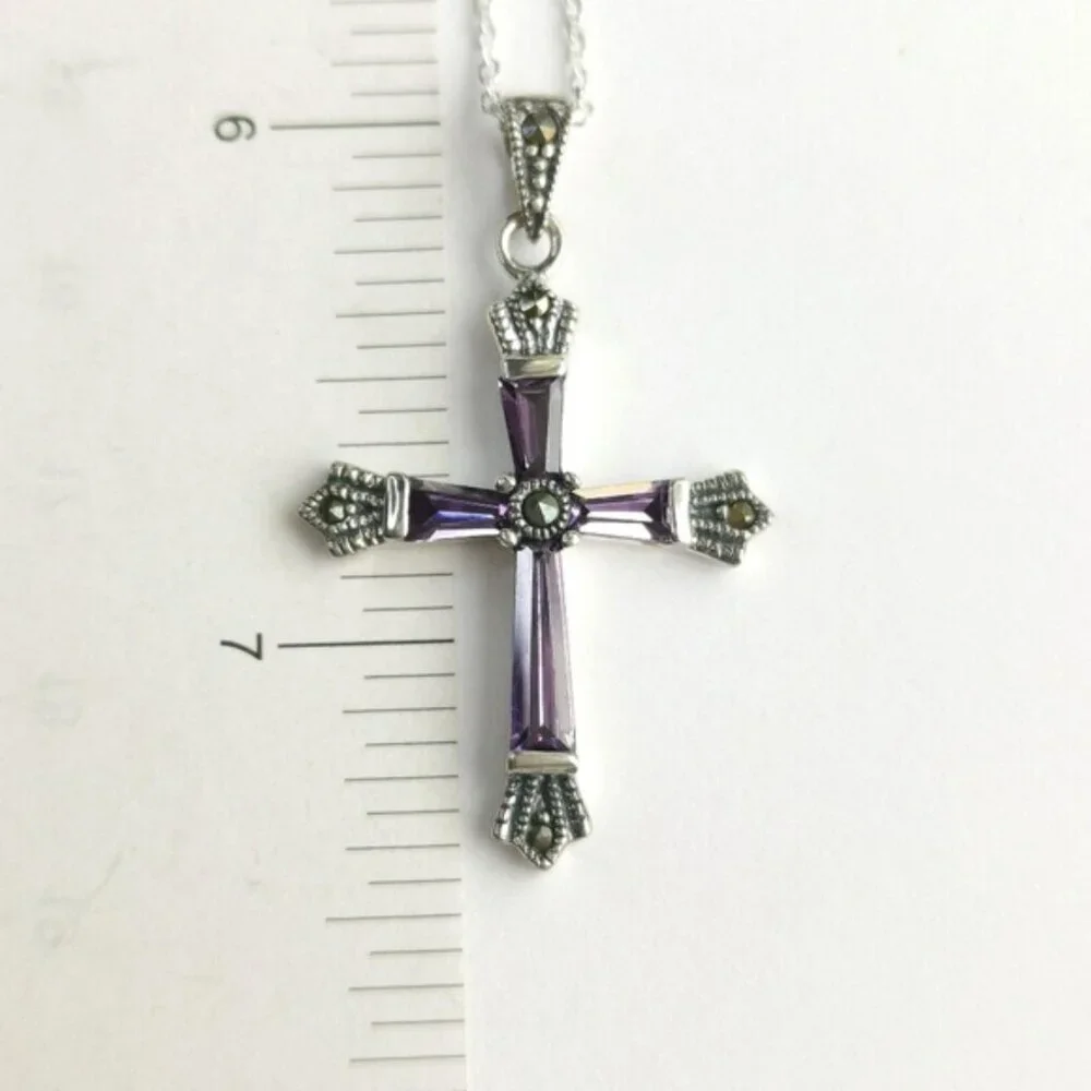 Amethyst Marcasite cross pendant necklace In Sterling Silver